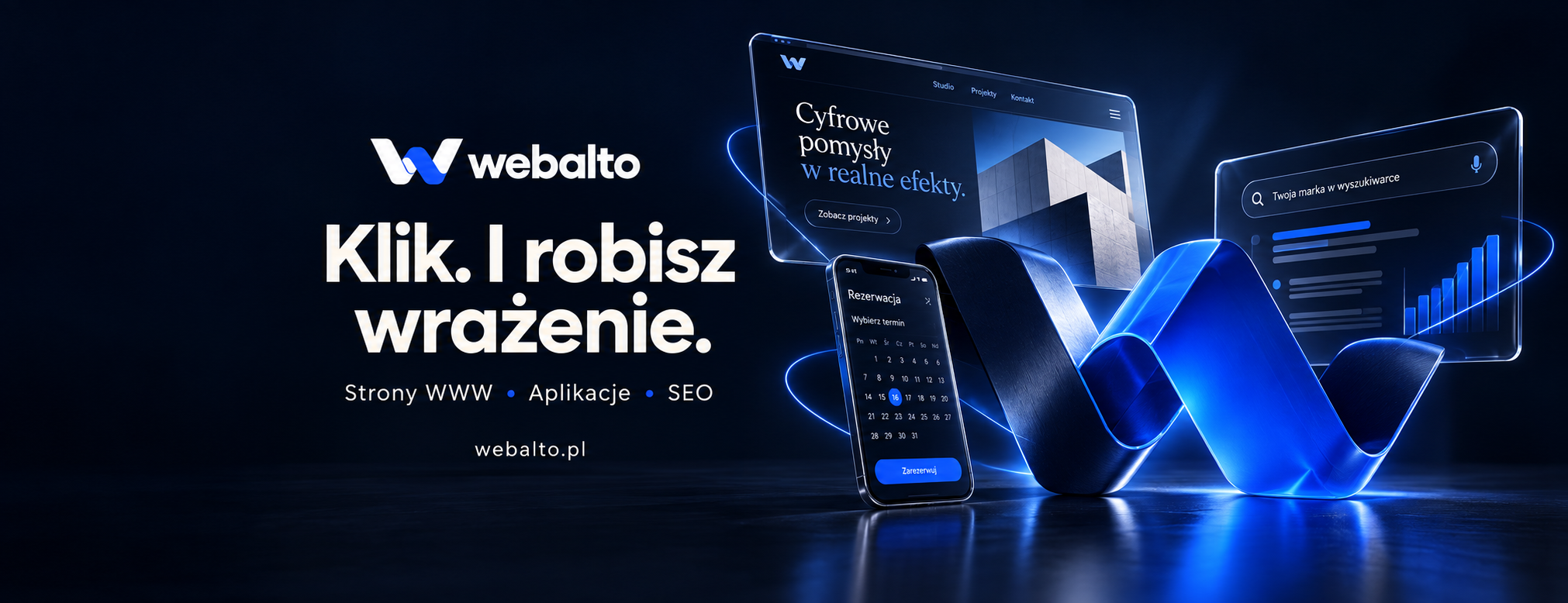 Identyfikacja Webalto: granatowo-niebieski znak W oraz wizualizacje strony i aplikacji